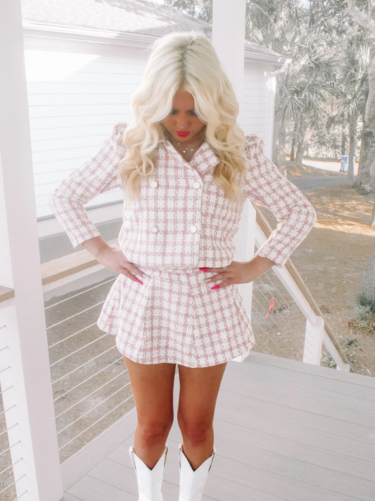 Legally Plaid Set: Pink & white houndstooth cropped blazer and mini skirt set.
