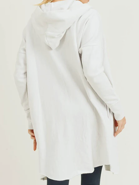 Light gray hooded cardigan, long sleeves, relaxed fit, shown from the back.
