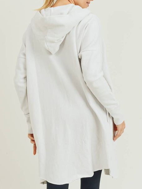 Light gray hooded cardigan, long sleeves, relaxed fit, shown from the back.
