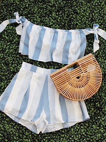 blue striped set off the shoulder top with high waisted shorts | sassyshortcake.com | Sassy Shortcake