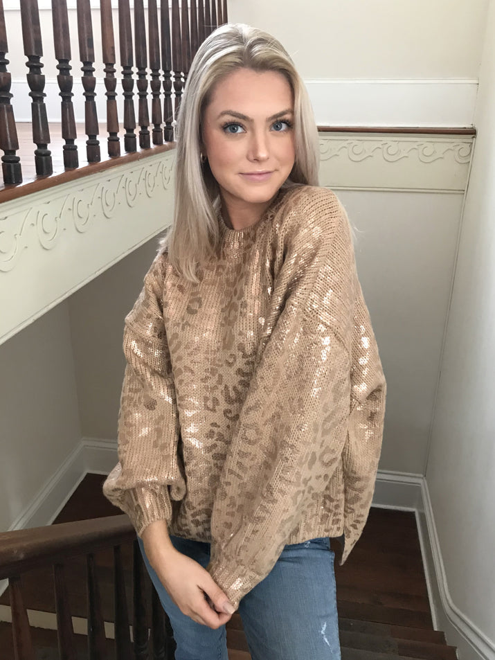 Pinky Promises metallic leopard print knit sweater
