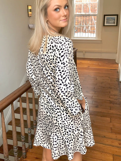 Cream and black dalmatian print mini dress with pockets
