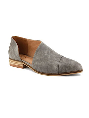 Gray suede flats with a side cutout detail and a pointed toe.
