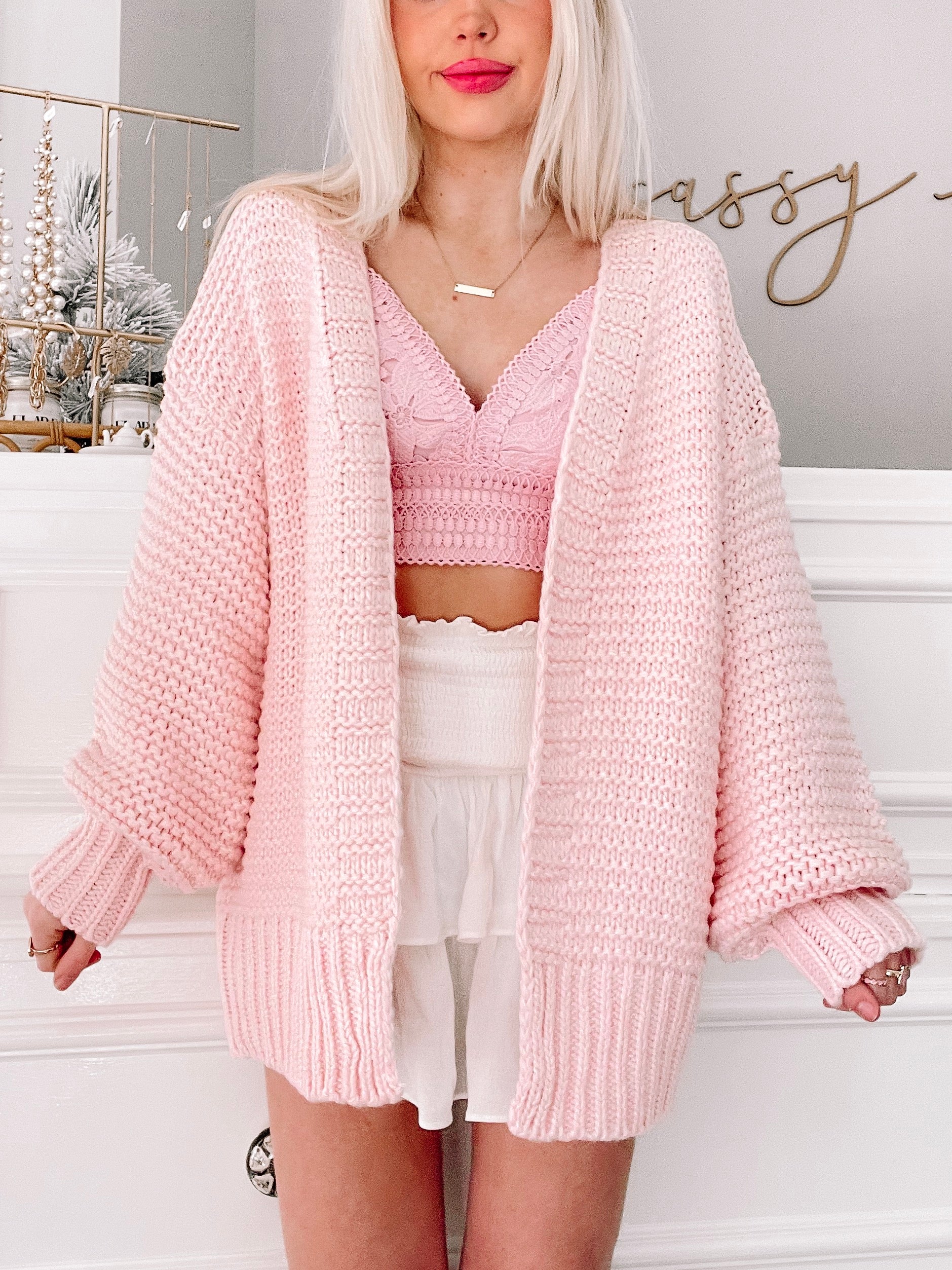 Women's Chunky Pink Long Cardigan | Sassy Shortcake