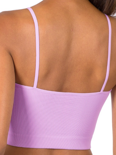 Lavender ribbed seamless cropped tank top, shown from the back.
