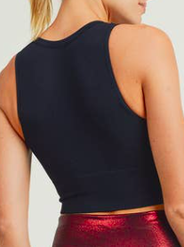 Black cropped workout tank top, rear view.
