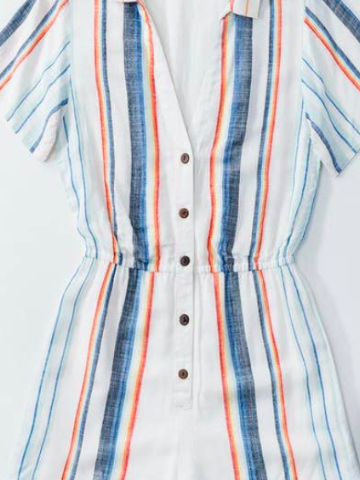 White striped romper with short sleeves and button closure, featuring a relaxed fit.
