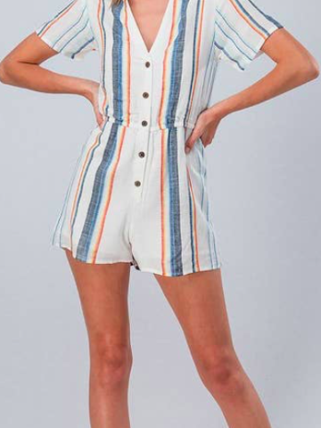 Off-white striped romper with a V-neck and button closure.
