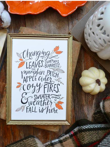 Fall-themed print: "Changing Leaves, warm blankets, pumpkin patch, apple cider, cozy fires & sweater weather. Fall is here."
