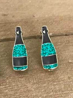 Champagne Kisses earrings:  Sparkling teal rhinestone champagne bottle design.
