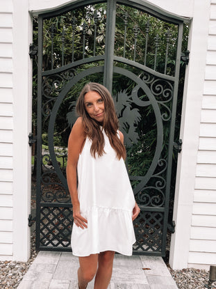 White Ariana dress, tiered ruffle hem, sleeveless summer dress

