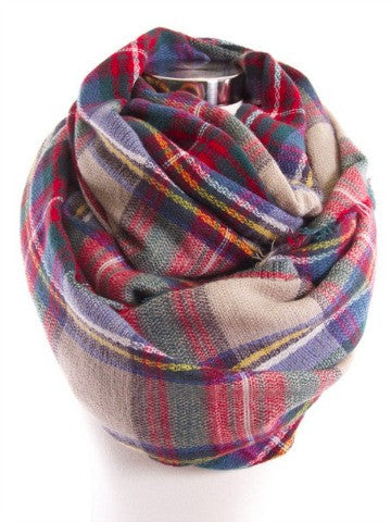 Bundle Me Up Scarf | Camel: Red, green, and beige plaid infinity scarf for fall and winter.
