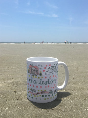 Charleston Mug: White ceramic mug featuring a hand-drawn Charleston, SC map design.
