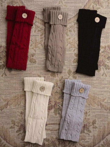 Gray cable knit cuffs with wooden button detail
