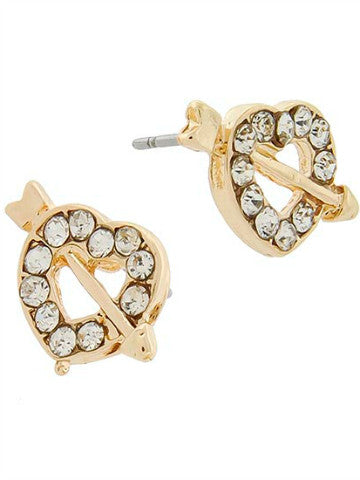 Gold Cupid's Arrow earrings with clear crystal accents.
