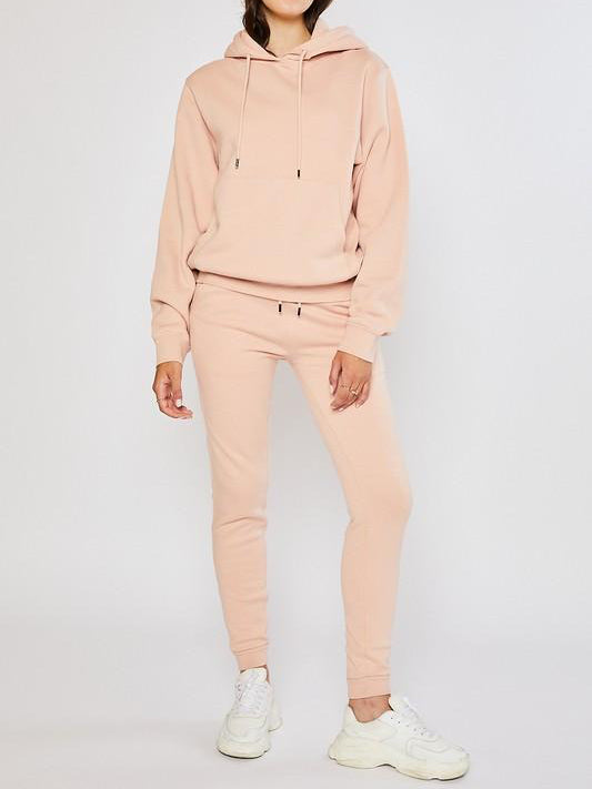 Dusty rose hoodie and jogger set; relaxed fit.
