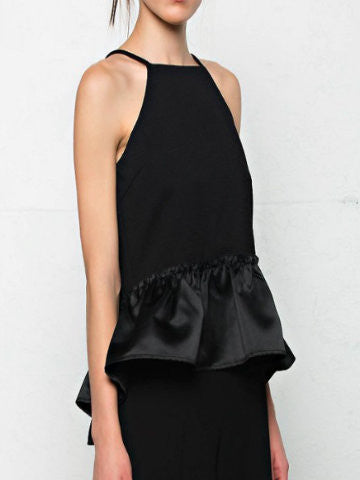 Black halter top with satin ruffle detail
