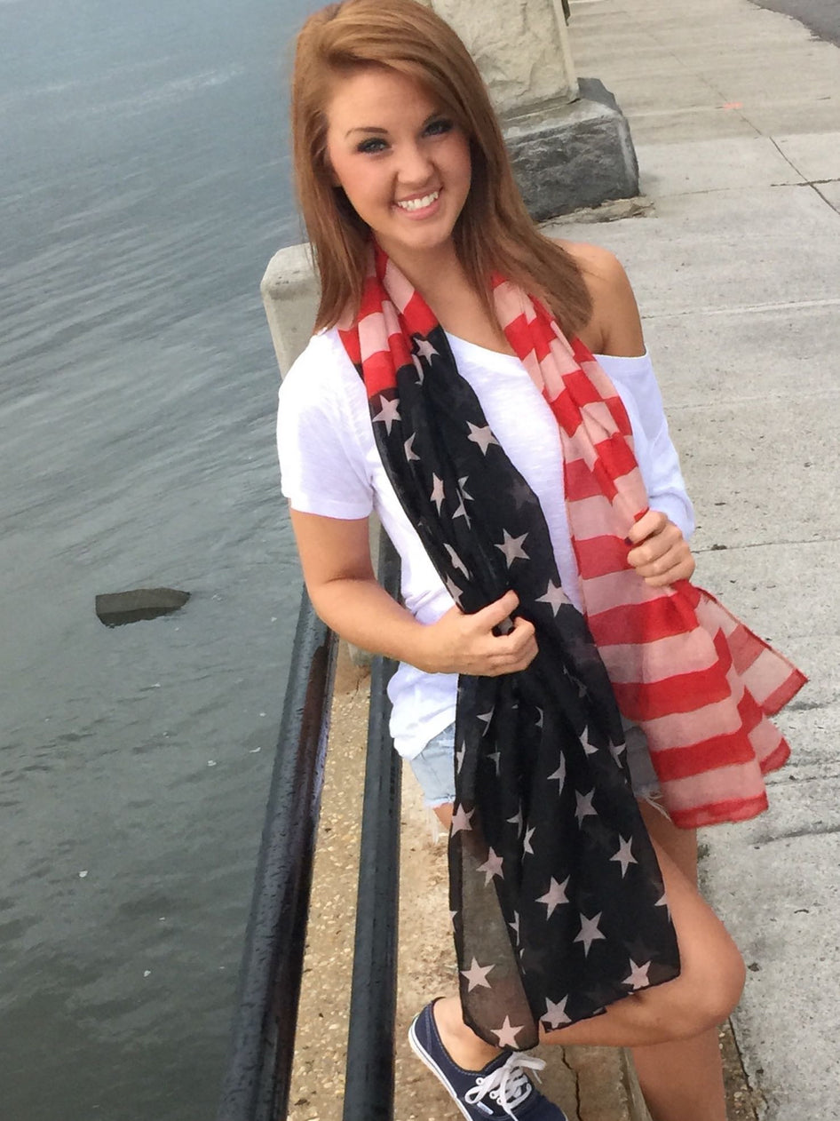 American flag print scarf, lightweight sheer fabric
