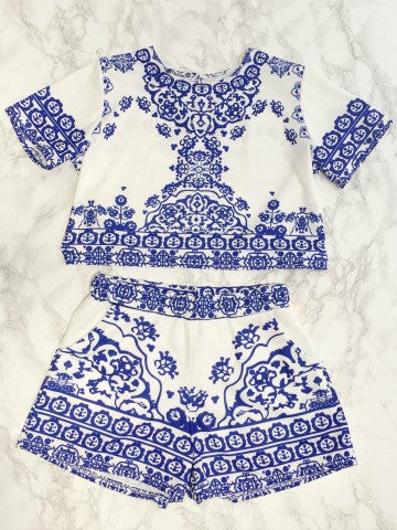 Gateway Scrolls Crop Top: White & blue porcelain print, short sleeve crop top and shorts set.

