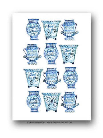 Blue and white watercolor ginger jar print featuring inspirational quotes.
