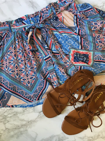 Hollaway printed shorts, blue, red, and peach paisley pattern, drawstring waist.
