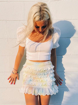 Oh My Daze pastel tie-dye ruffle mini skirt from sassy shortcake