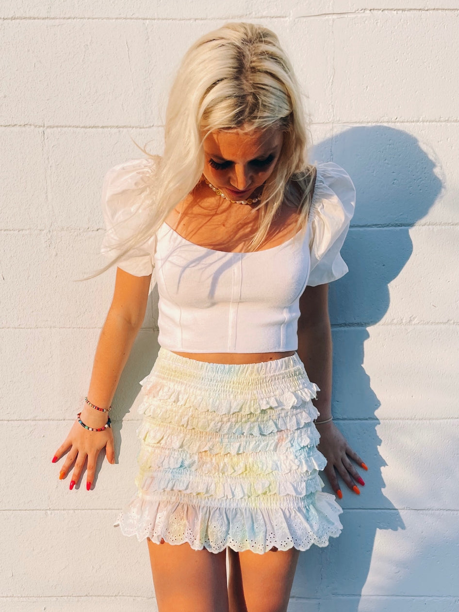 Oh My Daze pastel tie-dye ruffle mini skirt
