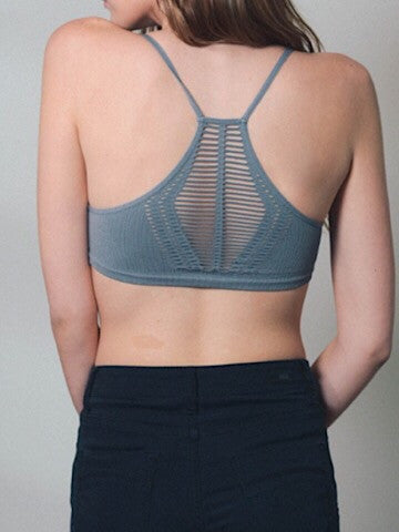 Dusty blue bralette with a unique cutout back detail.

