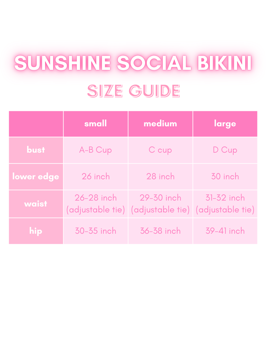 Pink bikini size chart with measurements for bust, lower edge, waist, and hip in small, medium, and large.
