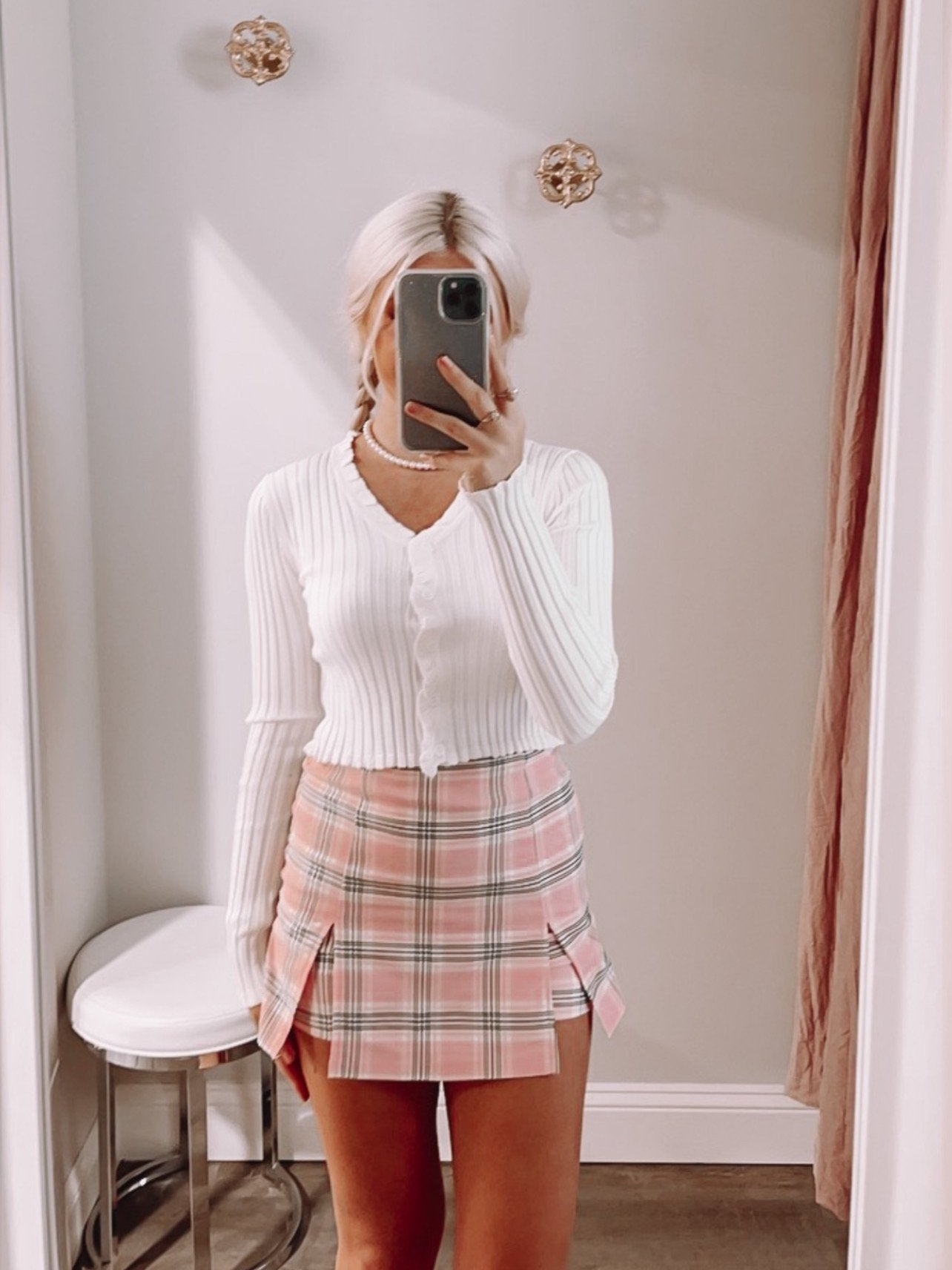 Pink and white plaid mini skirt with side slits, "Read Between the Lines"
