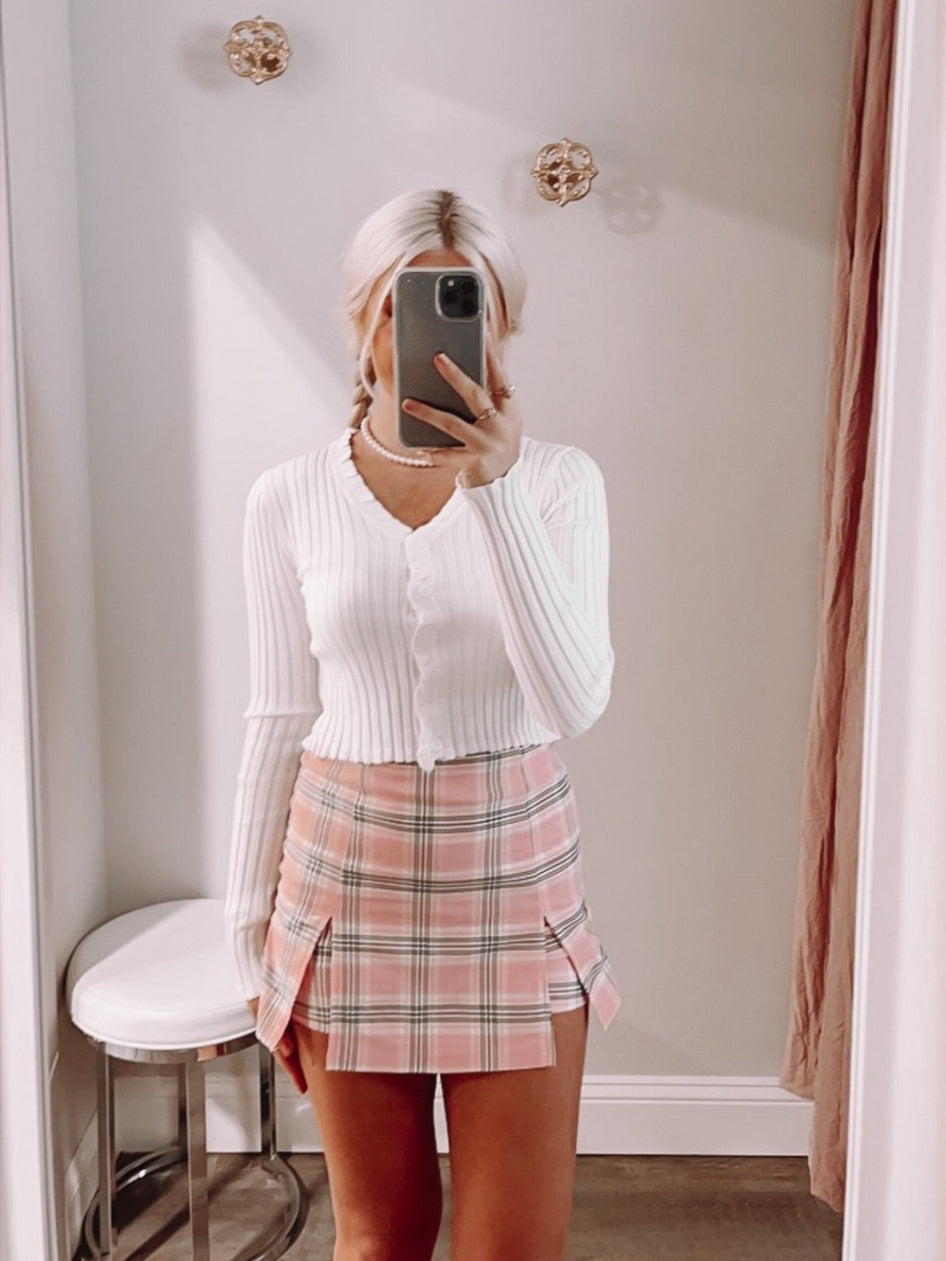Pink and white plaid mini skirt with side slits, "Read Between the Lines"
