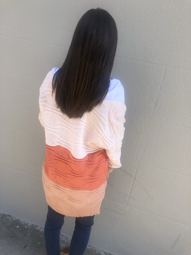 Three-toned knitted cardigan in cream, coral, and beige, shown from the back against a light wall.
