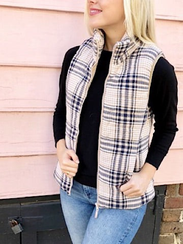 Cream Own It Vest: Plaid quilted vest with zipper closure.
