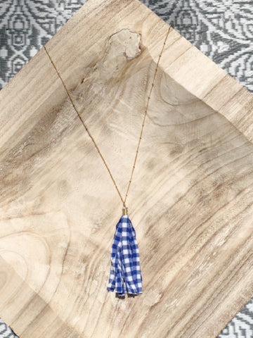 Blue gingham tassel necklace with gold chain
