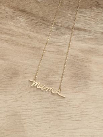 Gold Mama script necklace for moms.
