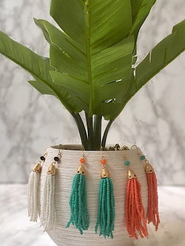 Tuscan Sun Beaded Tassel Earrings; white, teal, coral; gold accents.
