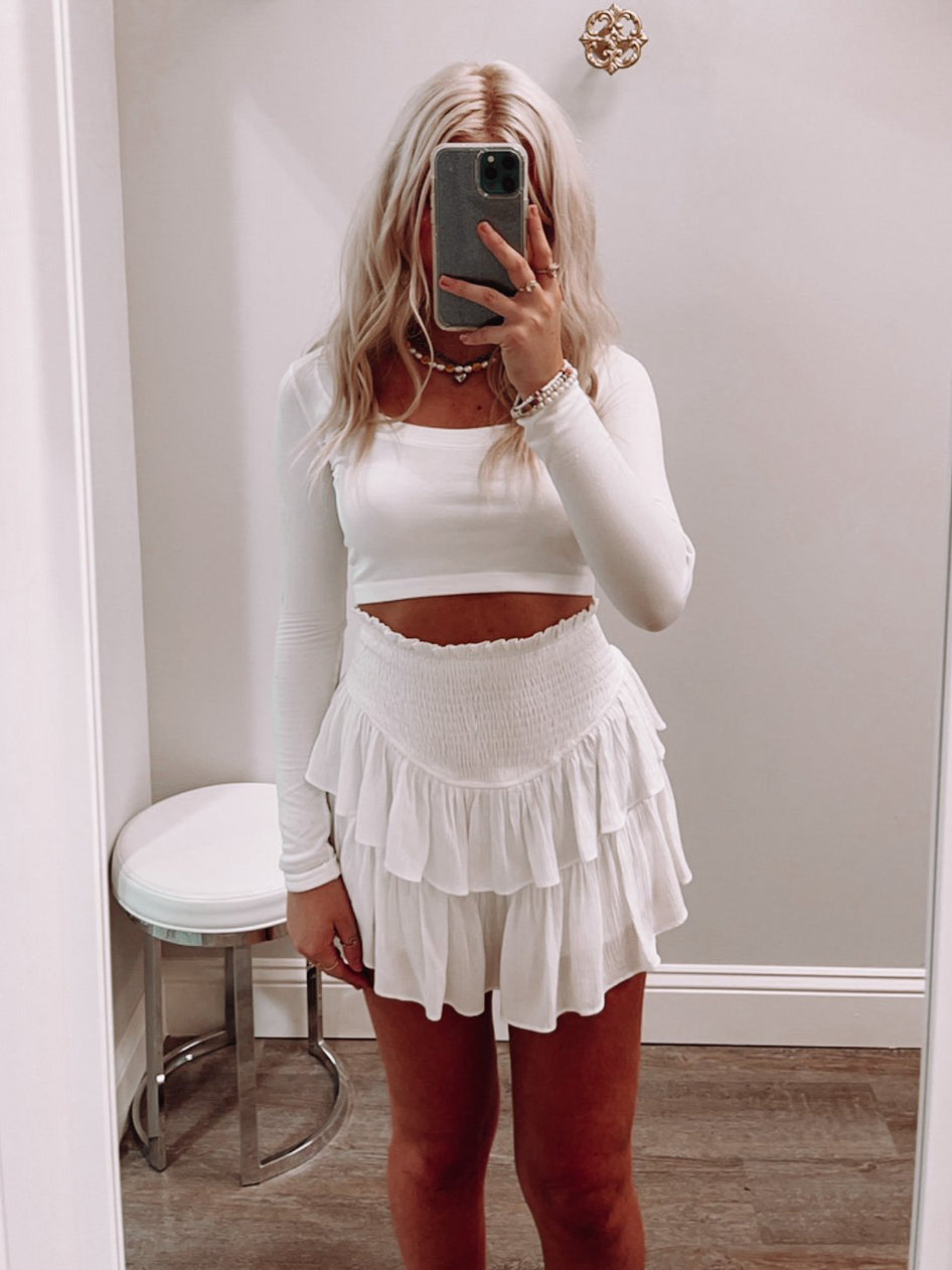 White Pinkalicious ruffled mini skirt
