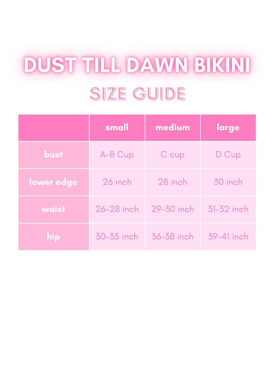 Pink bikini size chart with bust, waist, and hip measurements for small, medium, and large.
