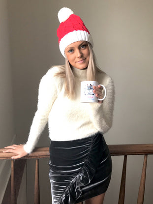 Red & white cable knit pom-pom beanie, Ho Ho Ho Beanie
