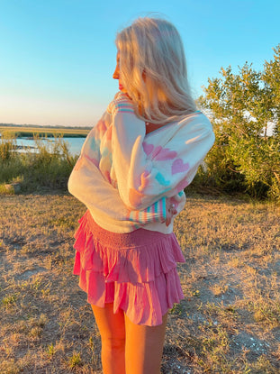Cream Hearts & Posies Cardigan with pastel hearts, perfect for spring.
