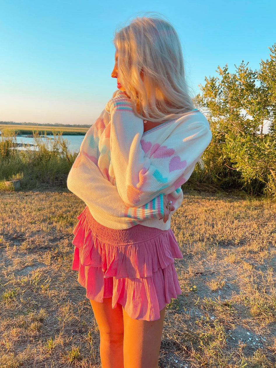 Cream Hearts & Posies Cardigan with pastel hearts, perfect for spring.
