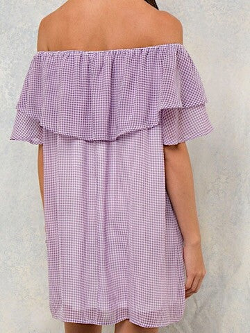 Lilac gingham off-the-shoulder dress with a ruffled neckline.
