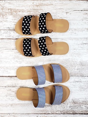 So Long Sandals: Tan double-strap slides with black polka dot and navy blue striped fabric options.

