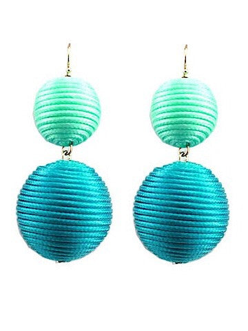 Teal and mint green silk double-sphere drop earrings.
