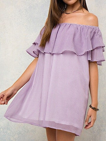 Purple gingham off-the-shoulder mini dress with ruffled neckline.
