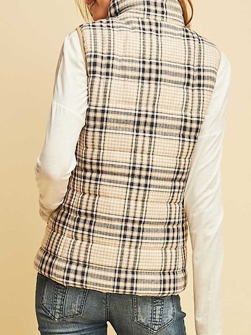 Cream quilted vest with a beige and navy plaid pattern, shown from the back.
