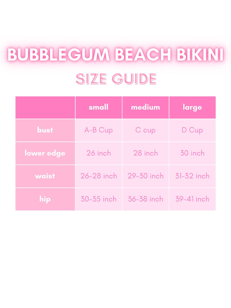 Bubblegum Beach Neon Pink Bikini Size Chart | Sassy Shortcake | sassyshortcake.com