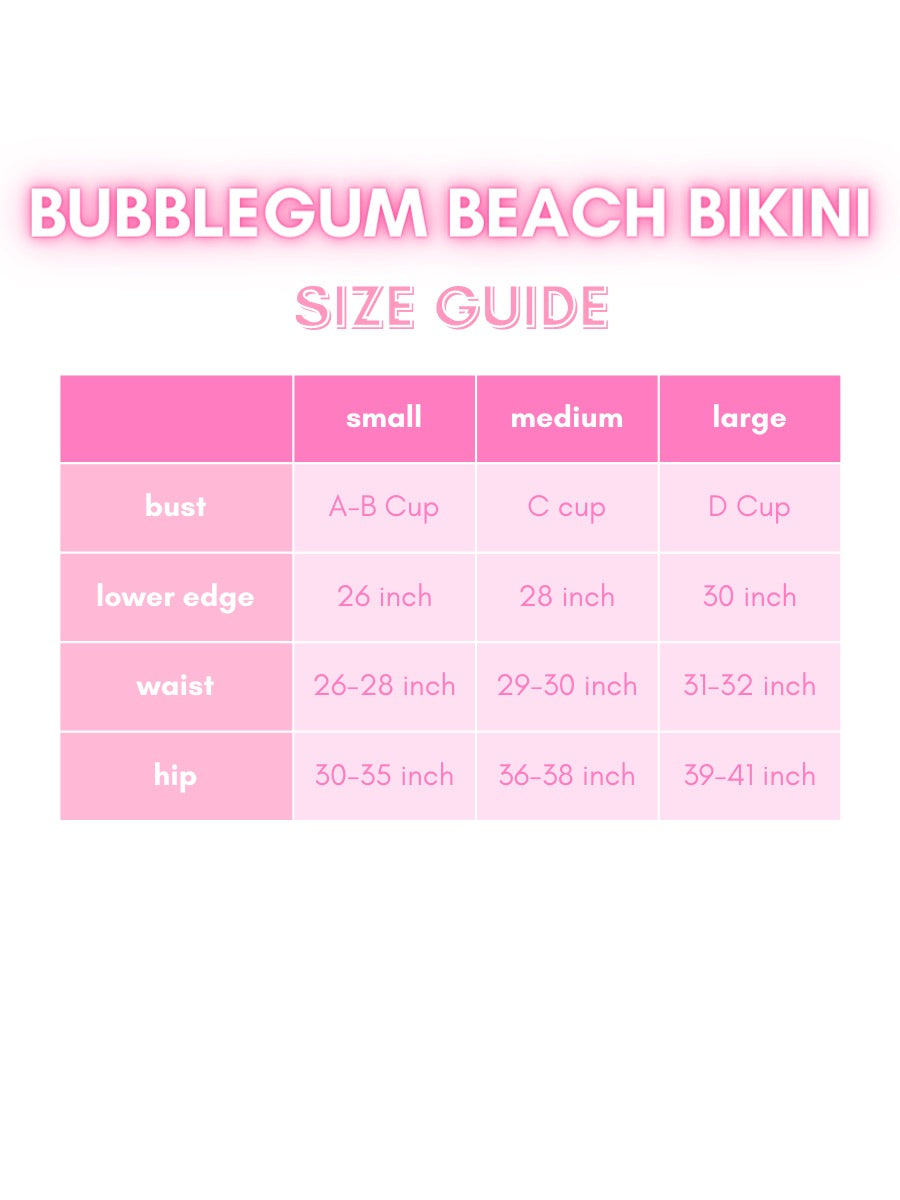 Bikini size chart: bust, waist, hip, and lower edge measurements for small, medium, and large.
