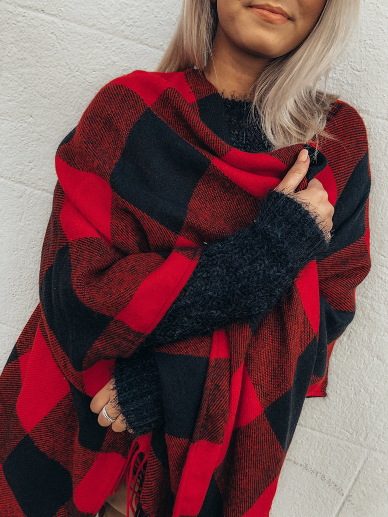 Red and black buffalo plaid King Me poncho
