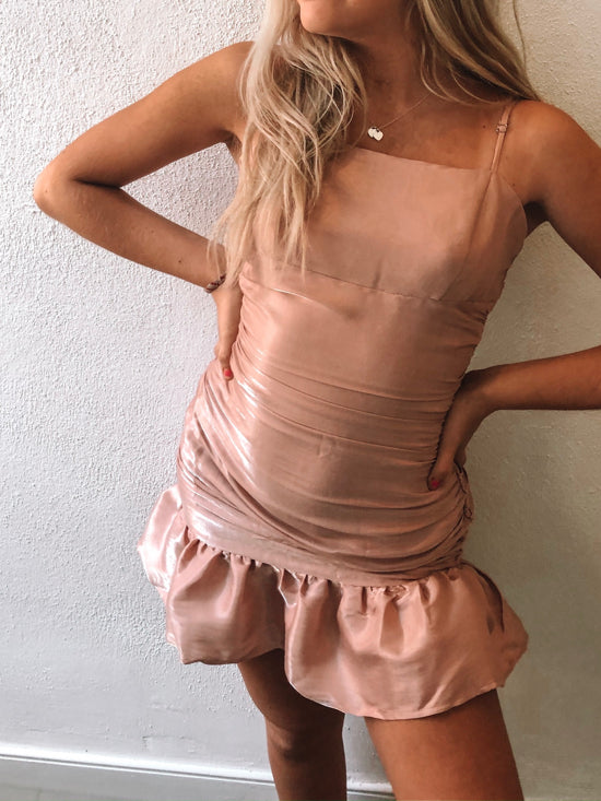 Rose gold Birthday Girl mini dress with ruffled hem
